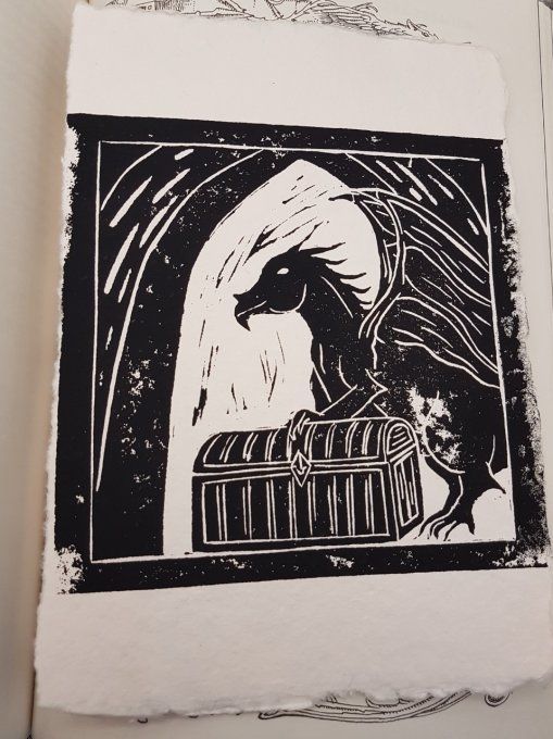 Linogravure "Le gardien du trésor"- Papier chiffon