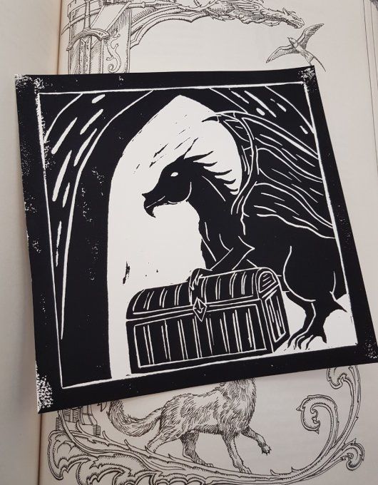 Linogravure "Le gardien du trésor"- Papier blanc