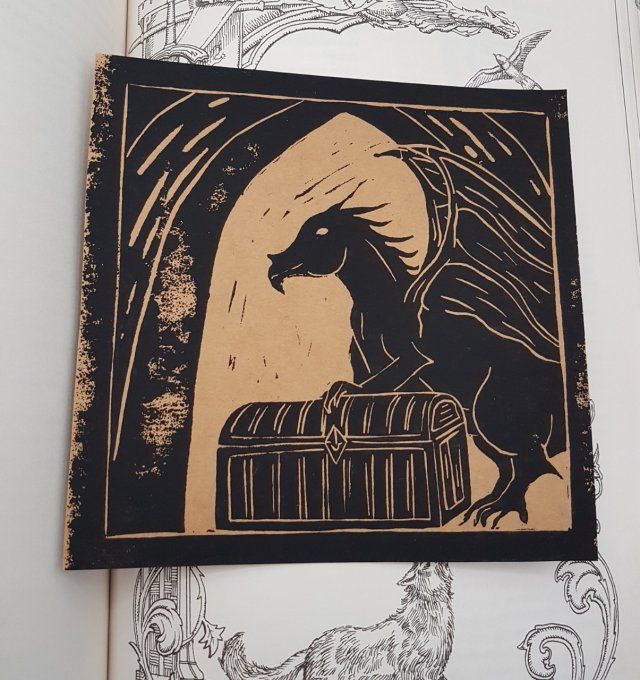 Linogravure "Le gardien du trésor"- Papier Brun