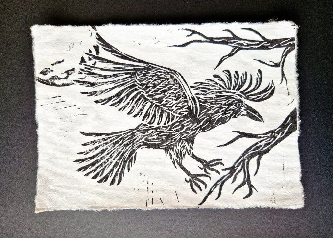 Linogravure protecteur corbeau 