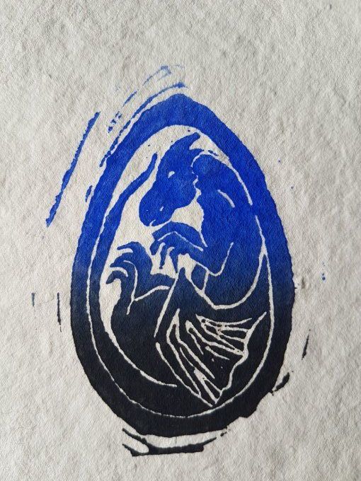 Linogravure "Oeuf de dragon" - Bleu