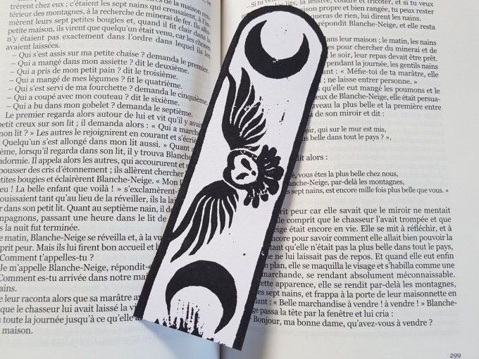 Marque-page linogravure "Jorinde et Joringel" deuxième version - Papier blanc